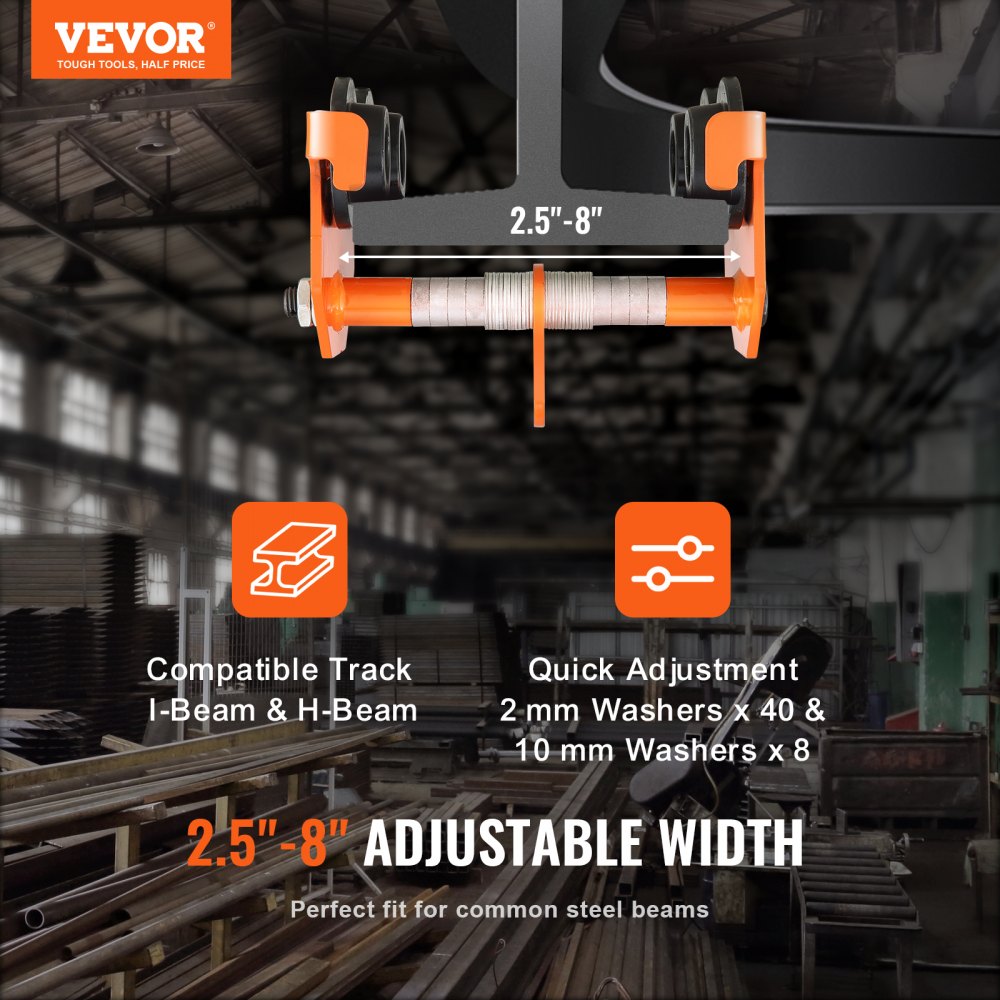 0.5T-K - VEVOR Adjustable Manual Trolley, 1100 lbs, Fits 2.5-8 inch Beams