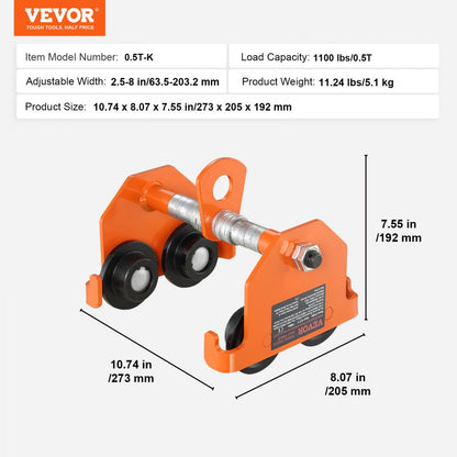 0.5T-K - VEVOR Adjustable Manual Trolley, 1100 lbs, Fits 2.5-8 inch Beams
