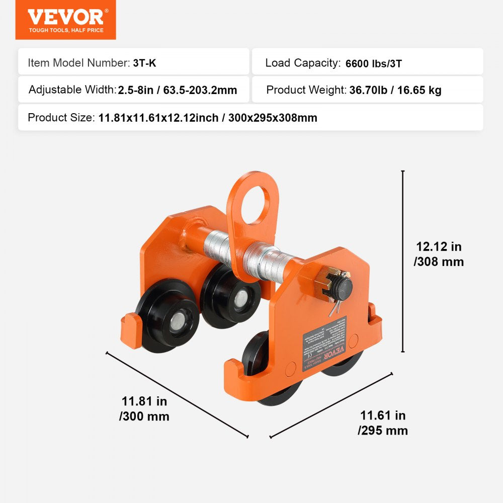 3T-K - VEVOR 6600 lbs Adjustable I-Beam Trolley with Dual Axle Wheels