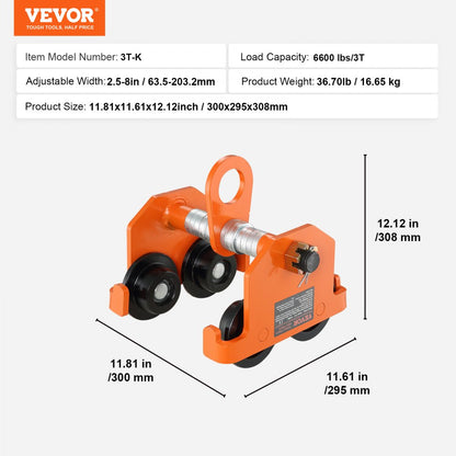 3T-K - VEVOR 6600 lbs Adjustable I-Beam Trolley with Dual Axle Wheels