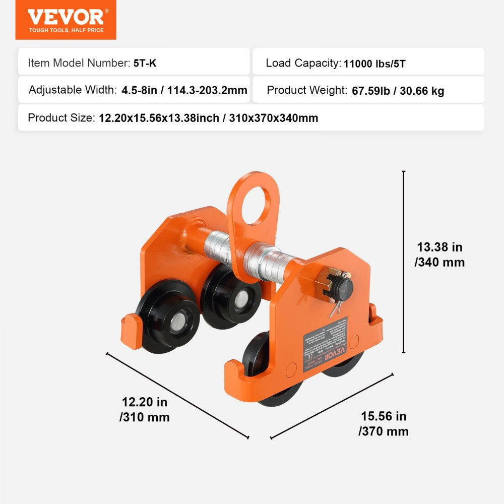 5T-K - VEVOR Heavy-Duty Beam Trolley, 11000 lbs Capacity, Adjustable 4.5-8" Width