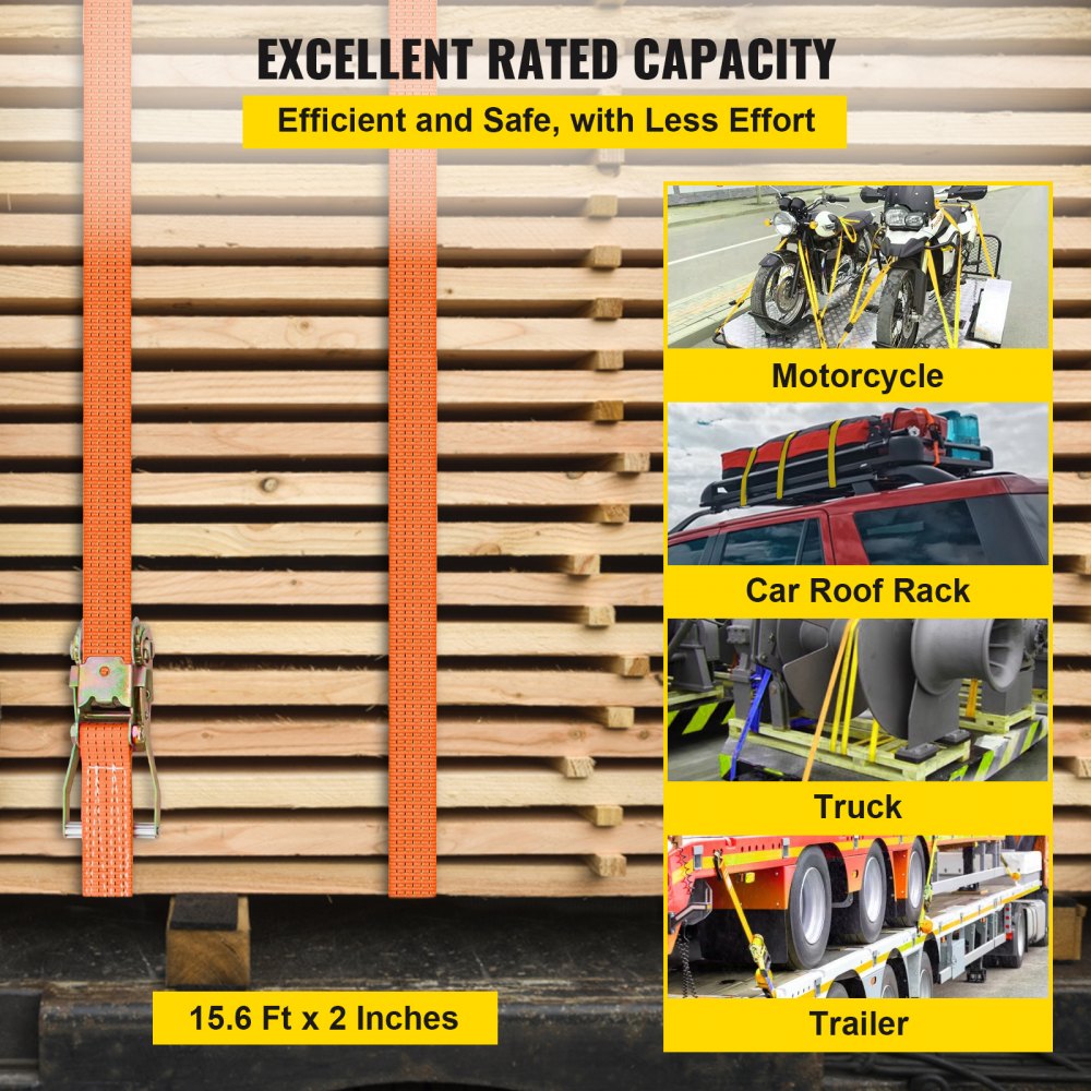 QZ-10103 - 2" x 15.6' Heavy Duty Ratchet Straps with 5000lb Strength