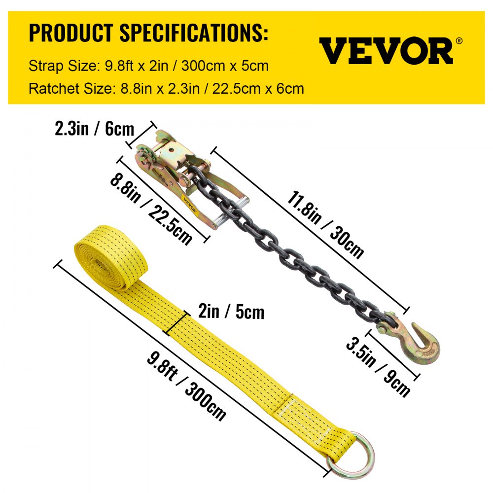 QZ-10201 - 2" x 9.8' Premium Ratchet Tie Down Strap, 5000lbs Limit