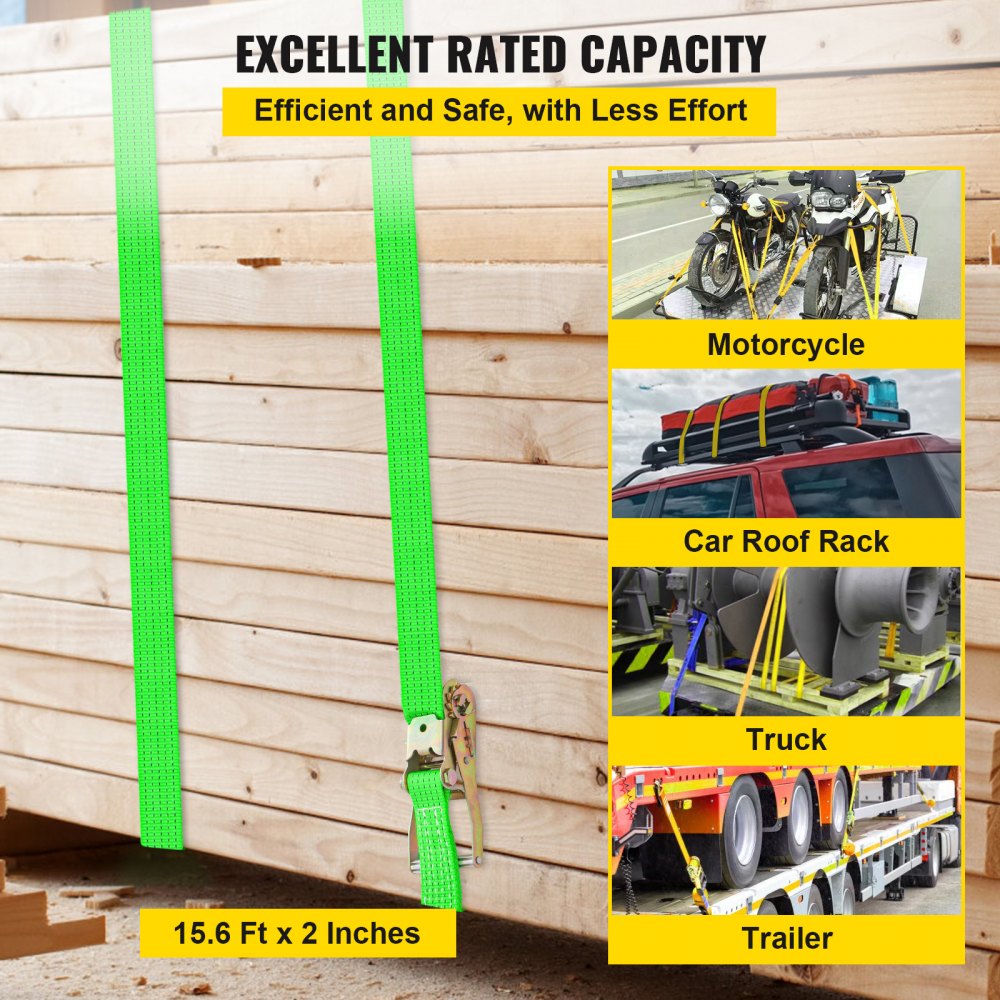 QZ-10102 - Heavy Duty 2" x 15.6' Ratchet Straps for Secure Cargo Transport