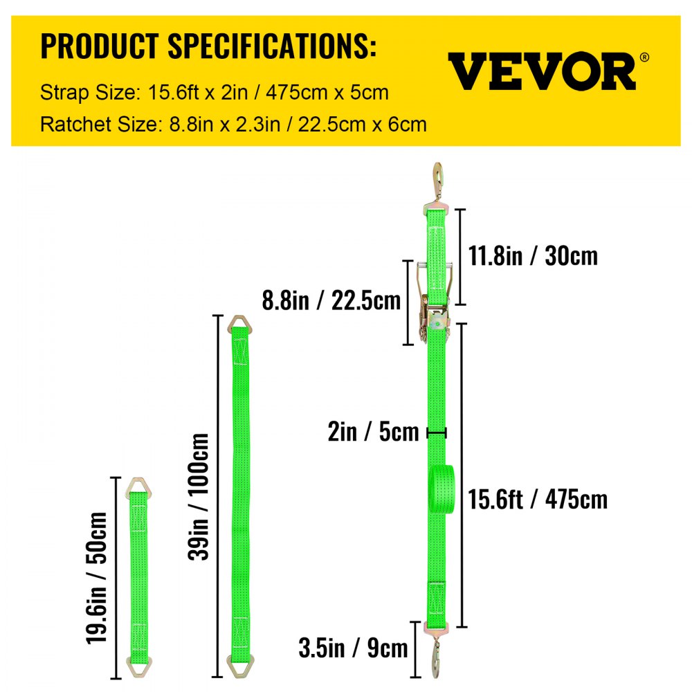 QZ-10102 - Heavy Duty 2" x 15.6' Ratchet Straps for Secure Cargo Transport