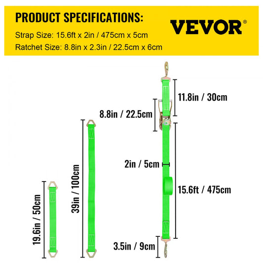 QZ-10102 - Heavy Duty 2" x 15.6' Ratchet Straps for Secure Cargo Transport
