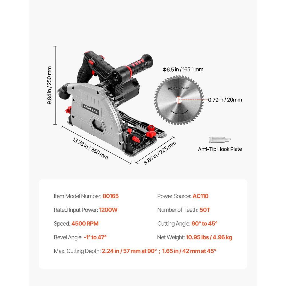 80165 - 6.5" Track Saw with 4500 RPM Motor for Precision Cutting