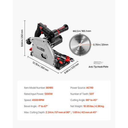 80165 - 6.5" Track Saw with 4500 RPM Motor for Precision Cutting