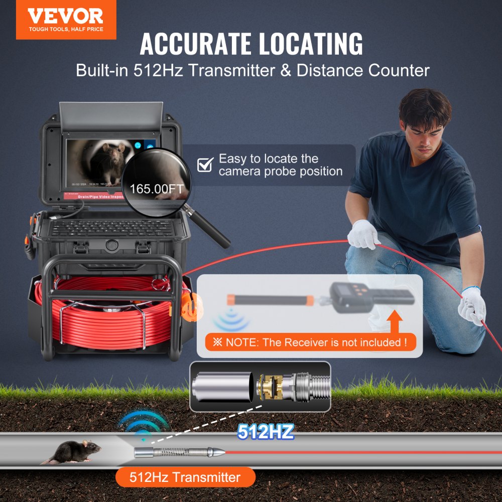 WP9612FT - 165FT Self-Leveling Sewer Camera with 10.1" Touchscreen & 12 LED Lights