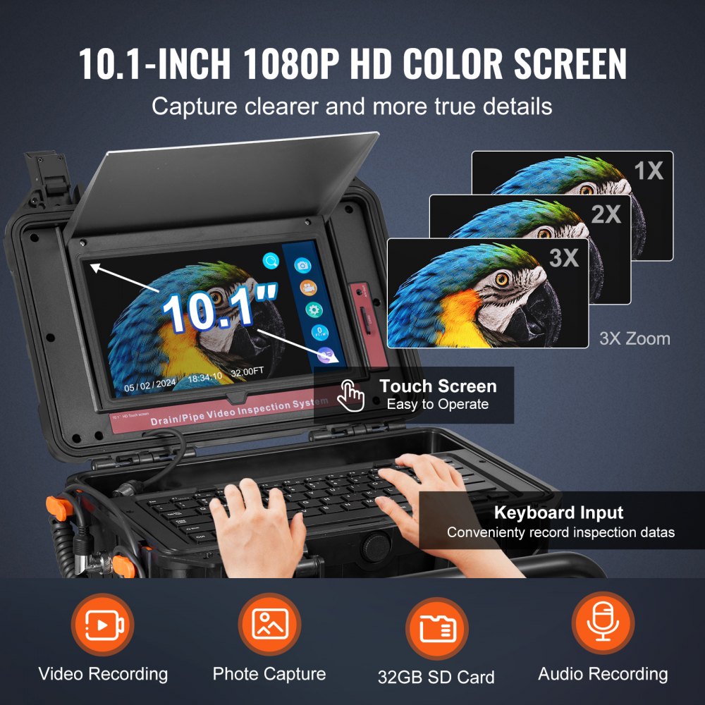 WP9612FT - 165FT Self-Leveling Sewer Camera with 10.1" Touchscreen & 12 LED Lights