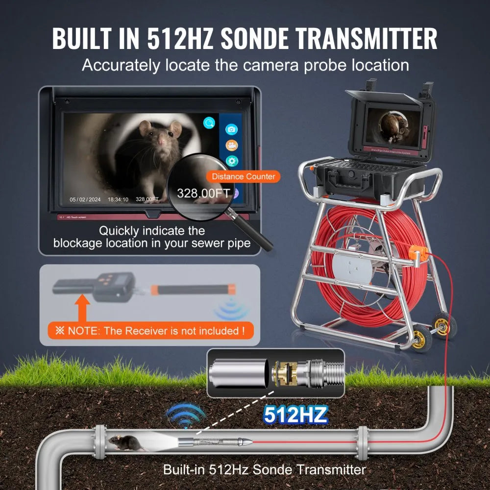 WP9613FT - 328FT Self-Leveling Sewer Camera with 10.1" Touchscreen & 512Hz Transmitter