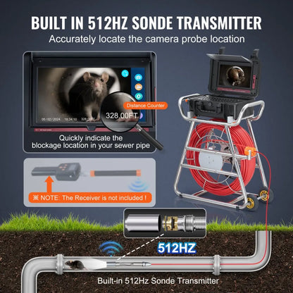 WP9613FT - 328FT Self-Leveling Sewer Camera with 10.1" Touchscreen & 512Hz Transmitter