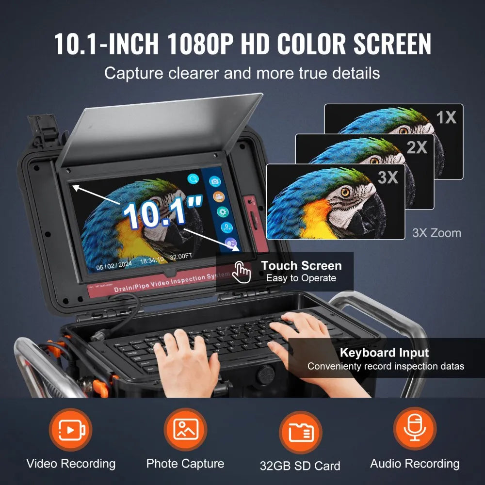 WP9613FT - 328FT Self-Leveling Sewer Camera with 10.1" Touchscreen & 512Hz Transmitter
