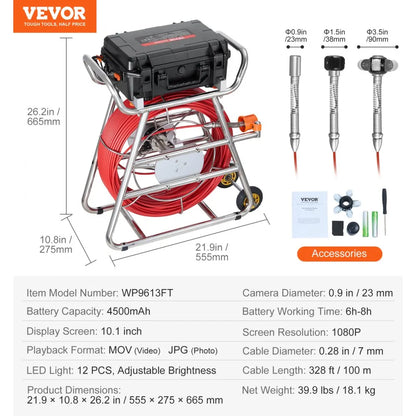 WP9613FT - 328FT Self-Leveling Sewer Camera with 10.1" Touchscreen & 512Hz Transmitter
