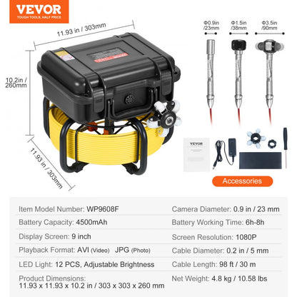 WP9608F - 98FT Self-Leveling Sewer Camera with 9" HD Screen & 36X Zoom