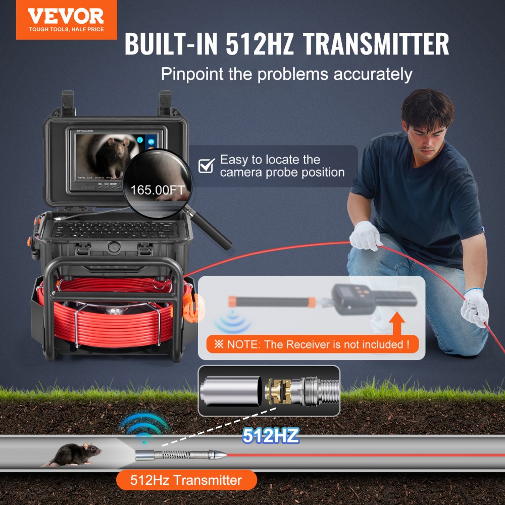 WP9612FT - 165FT Self-Leveling Sewer Camera with 9" HD Screen and 512Hz Transmitter