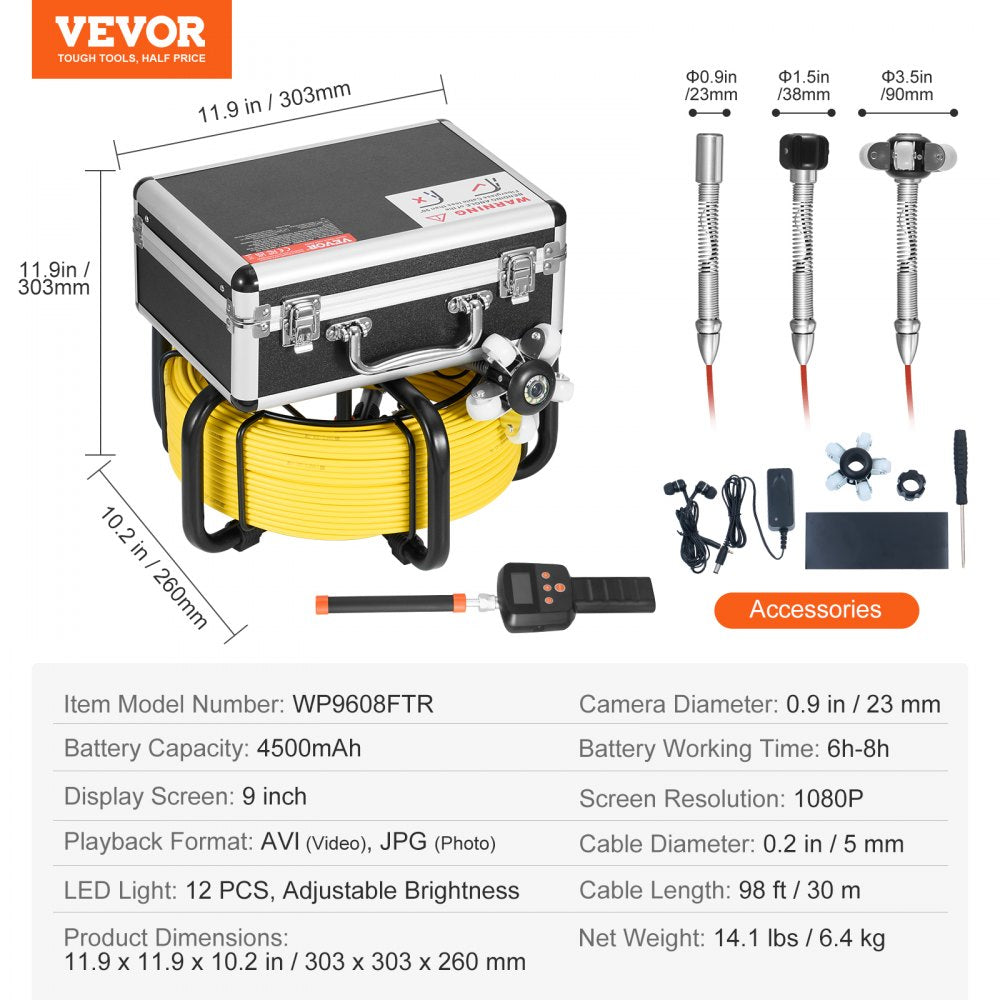 WP9608FTR - 98FT Sewer Camera with 9" HD Screen & Locator