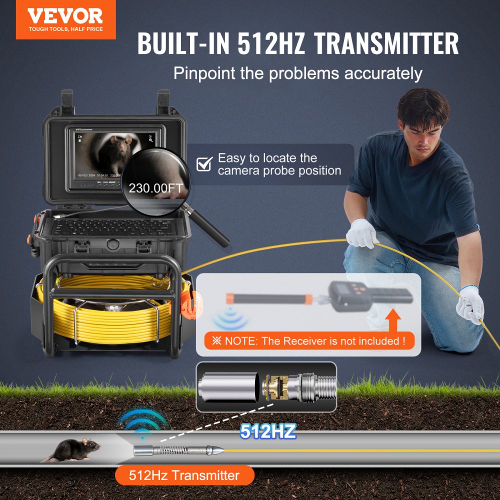 WP9612FT - 230FT Self-Leveling Sewer Camera with 9" HD Screen
