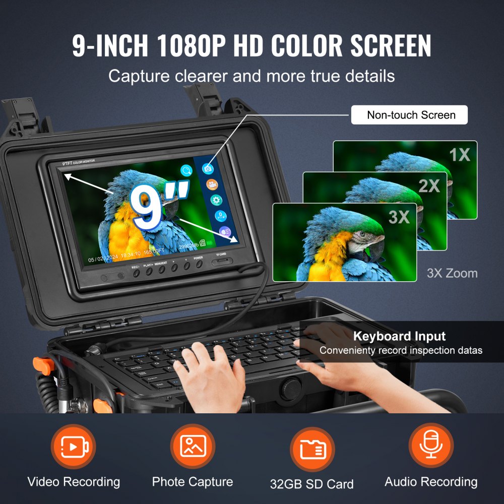 WP9612FT - 230FT Self-Leveling Sewer Camera with 9" HD Screen