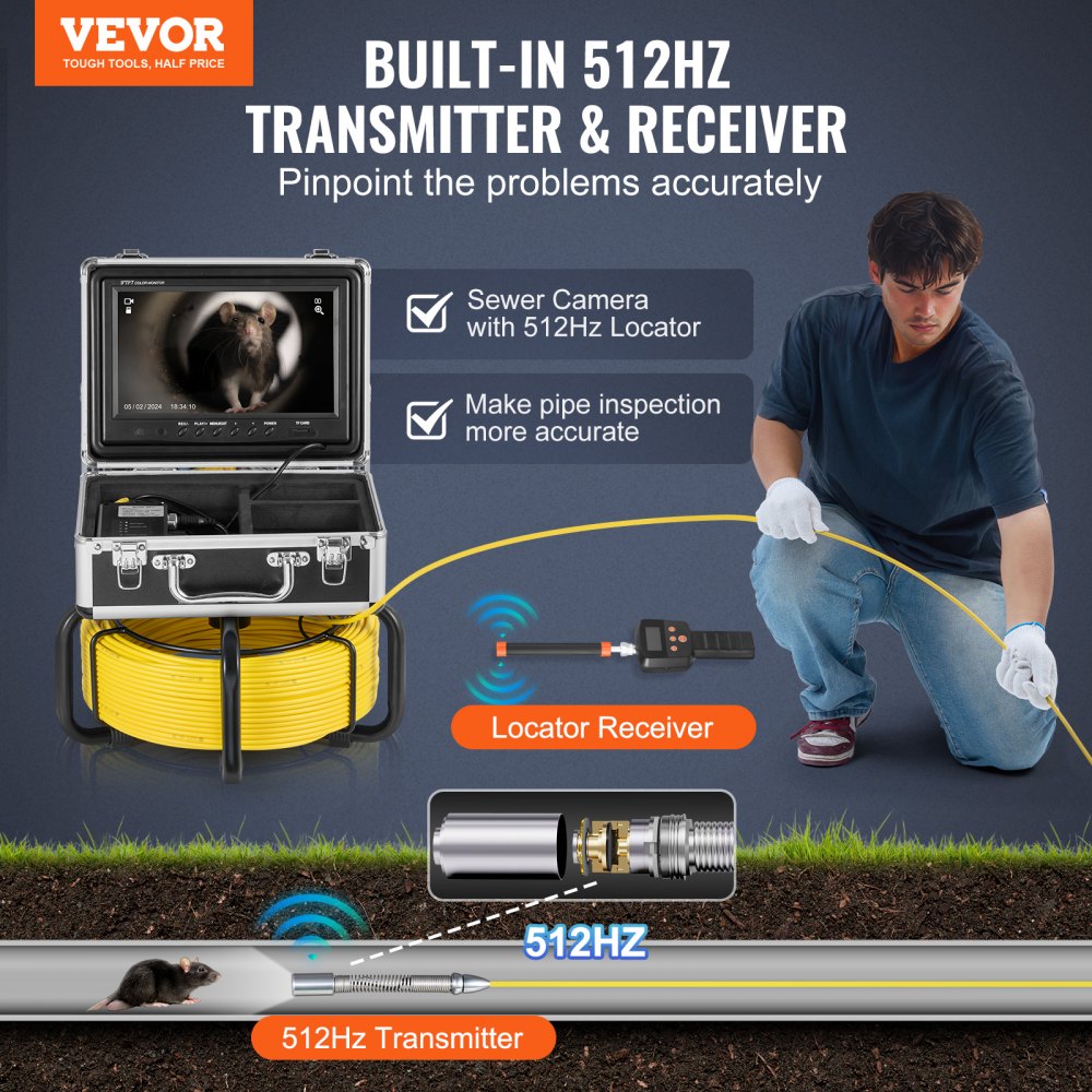 WP9608FTR - 165FT Self-Leveling Sewer Camera with 9" HD Screen & 512Hz Locator
