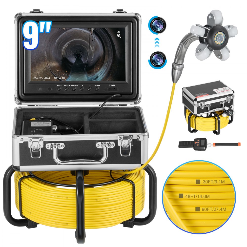 WP9608FTR - 165FT Self-Leveling Sewer Camera with 9" HD Screen & 512Hz Locator