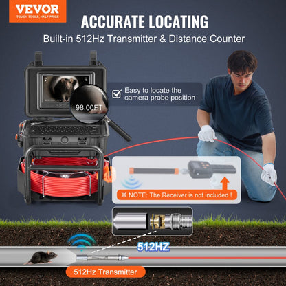 WP9612FT - 98FT Self-Leveling Sewer Camera with 9" HD Screen & 512Hz Transmitter