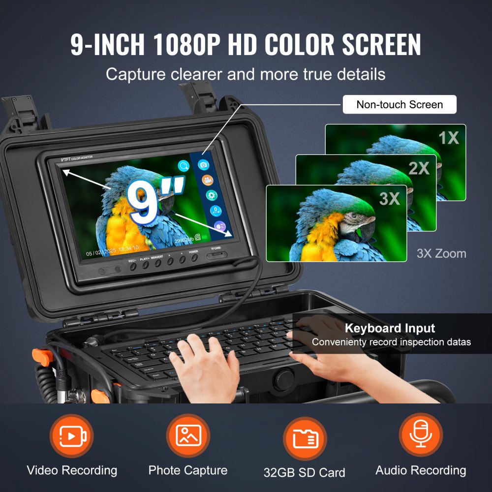 WP9612FT - 98FT Self-Leveling Sewer Camera with 9" HD Screen & 512Hz Transmitter