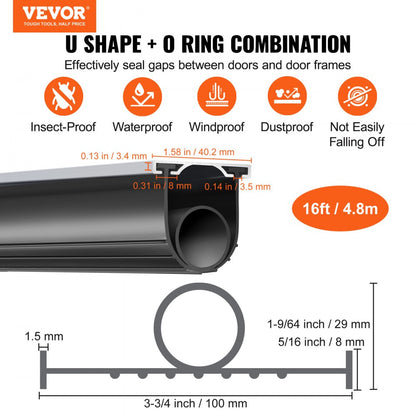 JN-16FT-AL - 16ft Durable Rubber Garage Door Seal with Insulation & O-ring