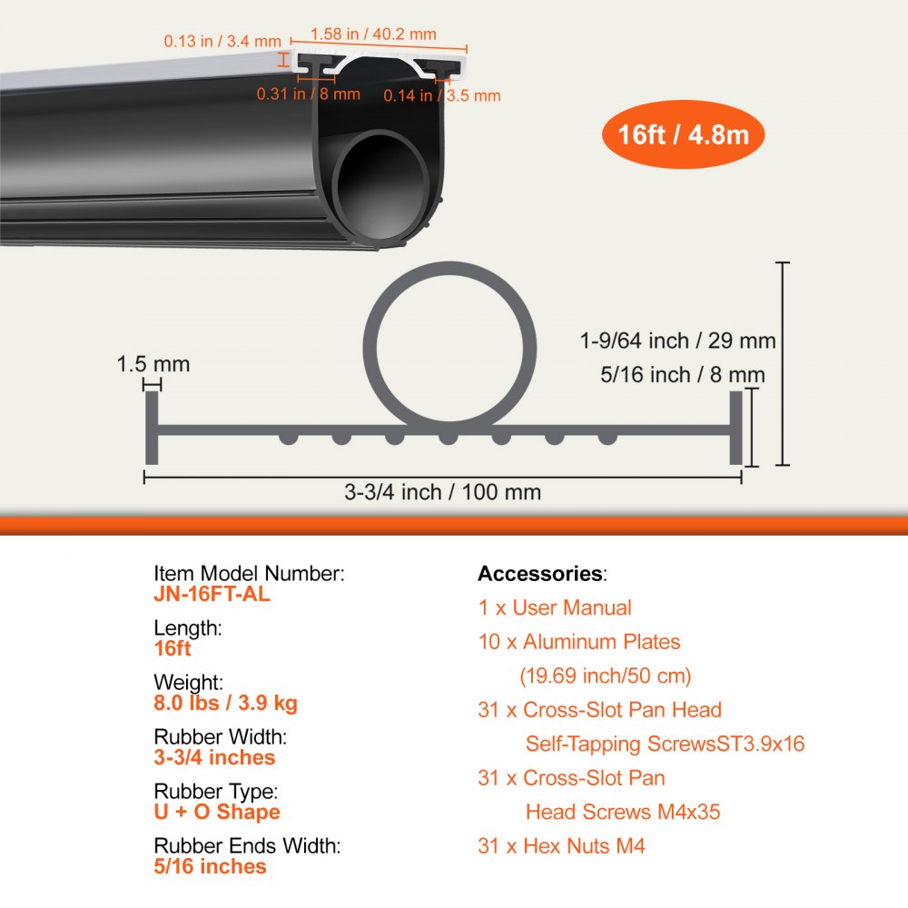 JN-16FT-AL - 16ft Durable Rubber Garage Door Seal with Insulation & O-ring