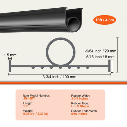 JN-16FT - Durable 3 3/4" x 16' Rubber Garage Door Seal Against Weather