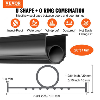 JN-20FT - 20ft Durable Rubber Garage Door Seal with U-shaped & O-ring Design