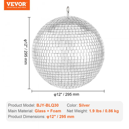 BJY-BLQ30 - 12-Inch Silver Mirror Disco Ball with Hanging Ring