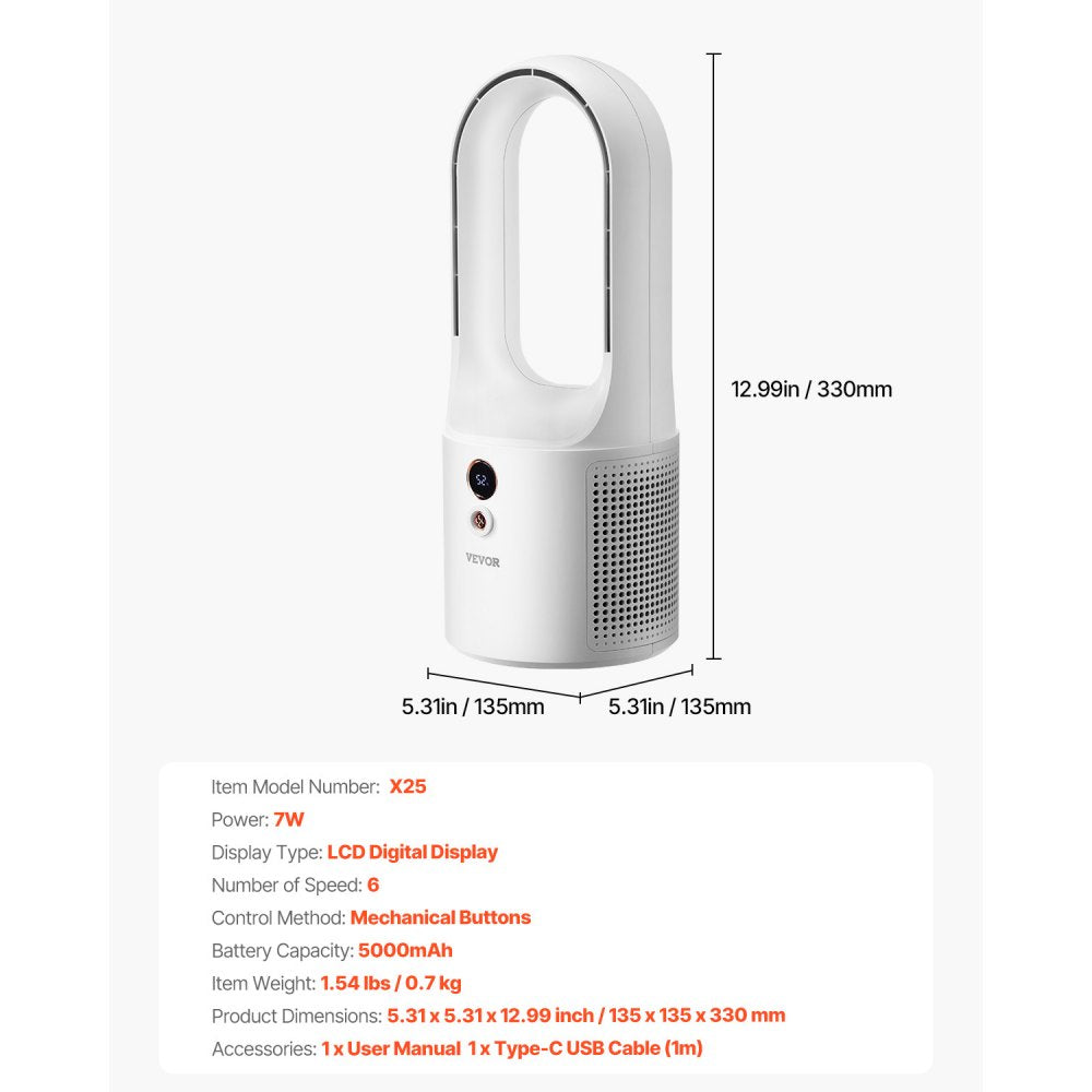 X25 - Lightweight Bladeless Fan with 6 Speeds & 12.99" Compact Design
