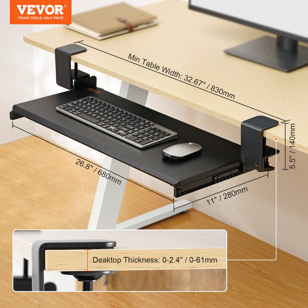 VM-KB19 - Ergonomic 26.8x11” Keyboard Tray for Under Desk Storage
