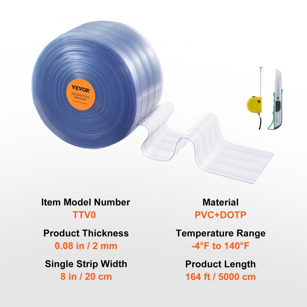 TTV0 - Durable Clear PVC Strip Curtain for Doorways, -4°F to 140°F