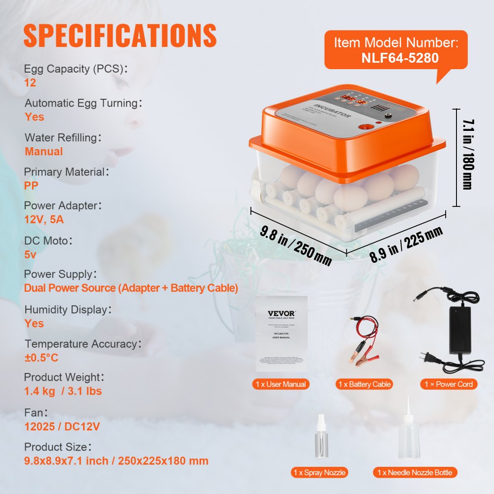 NLF64-5280 - Automatic Egg Incubator for 12 Chickens, Ducks & Quails