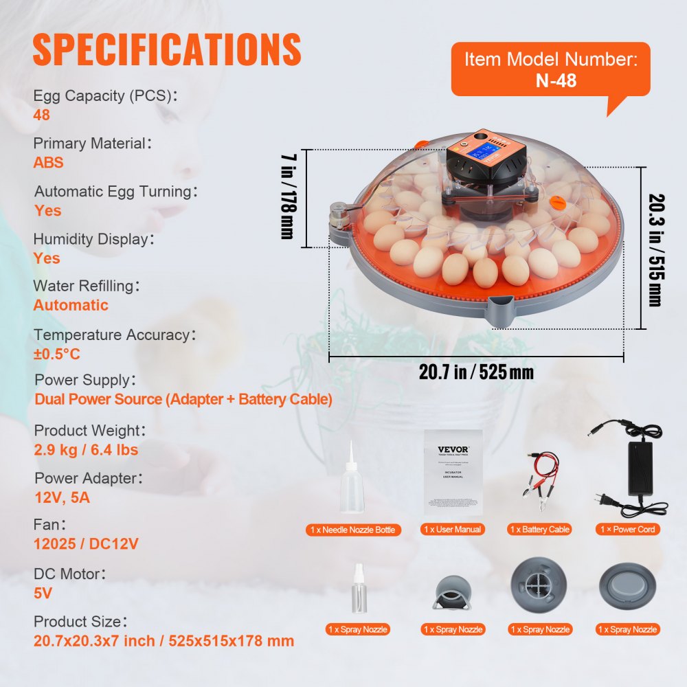 N-48 - 48 Egg Auto Turner Incubator with Dual Power & Humidity Control