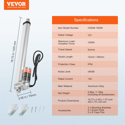 OK648-1500N - 12V Linear Actuator with 330lbs Capacity for Precision Tasks