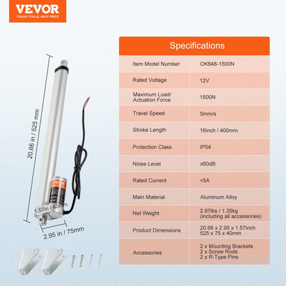 OK648-1500N - 12V Linear Actuator, 16 Inch, 330lbs Capacity, Quiet Operation