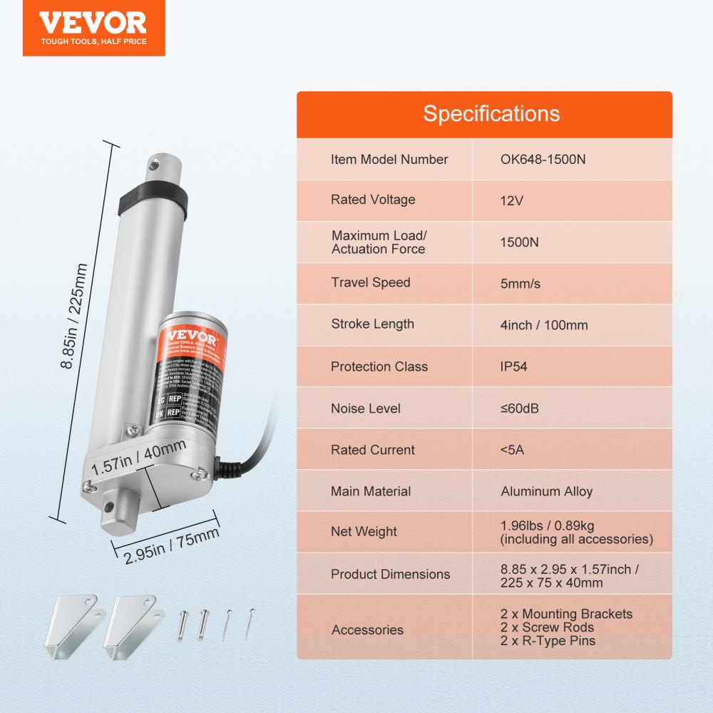 OK648-1500N - 12V Linear Actuator 4 Inch, 330lbs Load Capacity