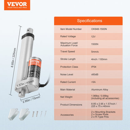 OK648-1500N - 12V Linear Actuator 4 Inch, 330lbs Load Capacity