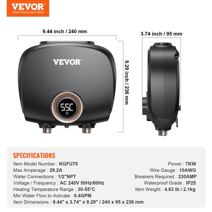 KFU70 - 7KW Compact Electric Tankless Water Heater with LED Control