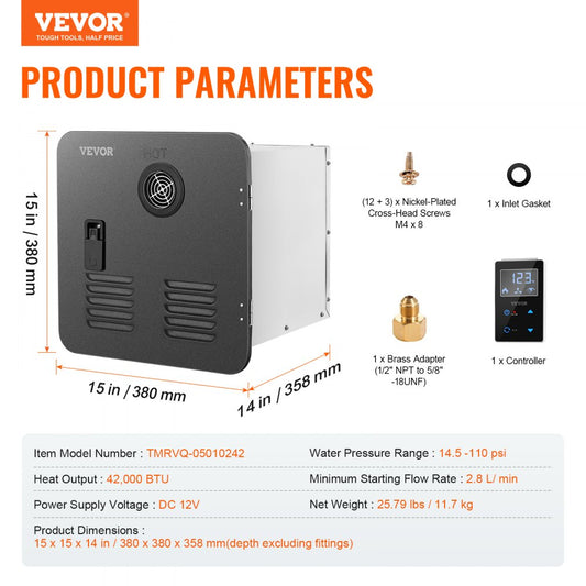 TMRVQ-05010242 - 15x15 Tankless RV Water Heater, 42K BTU Instant Warmth