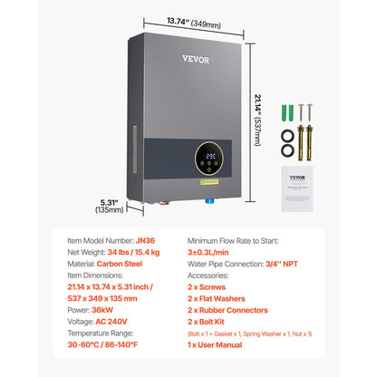 JN36 - Compact Wall-Mounted Tankless Water Heater with Safety Features