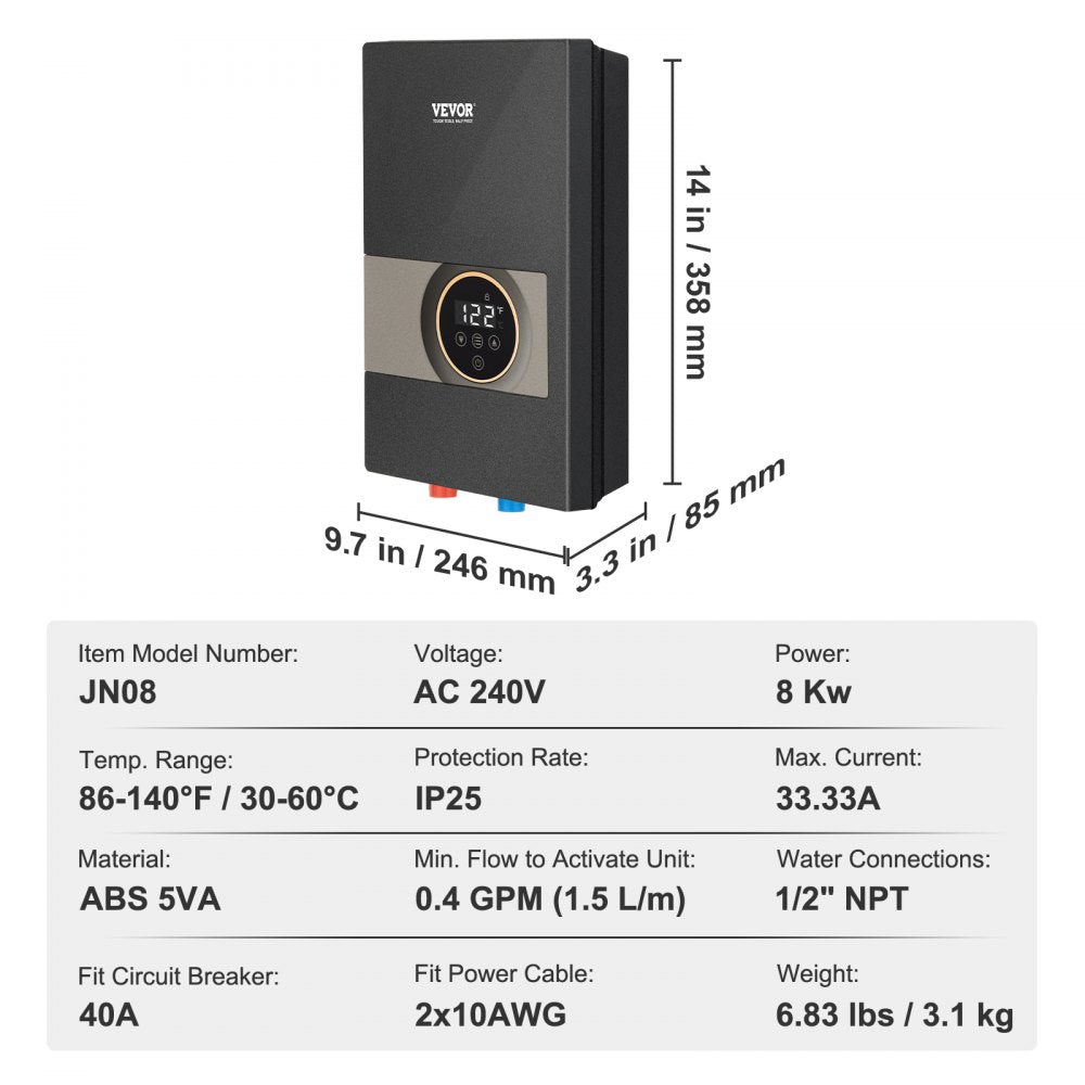 JN08 - 8 kW Instant Hot Water Heater for Endless Supply
