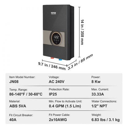 JN08 - 8 kW Instant Hot Water Heater for Endless Supply