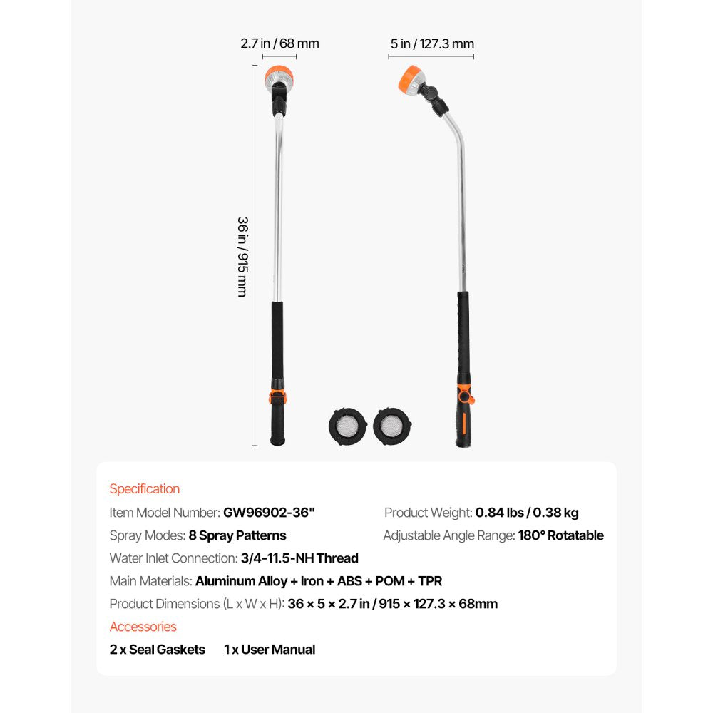 GW96902-36" - 36'' Heavy Duty Metal Garden Hose Wand with 8 Spray Patterns