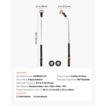GW96902-36" - 36'' Heavy Duty Metal Garden Hose Wand with 8 Spray Patterns