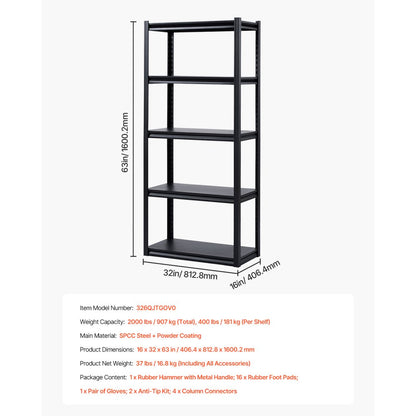 326QJTGOV0 - Heavy-Duty 5-Tier Shelving Unit 63" H with Adjustable Shelves