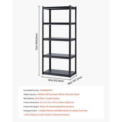 327MMQSHV0 - Adjustable 5-Tier SPCC Steel Garage Shelving, 2000 lbs Capacity